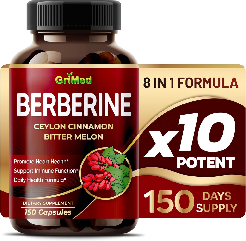 GriMed Berberine Suplemento 9,500mg con Ceylon Cinnamon Bitter Melon Asistencias Sistema de Inmunización Saludable - Hecho en EE.UU.