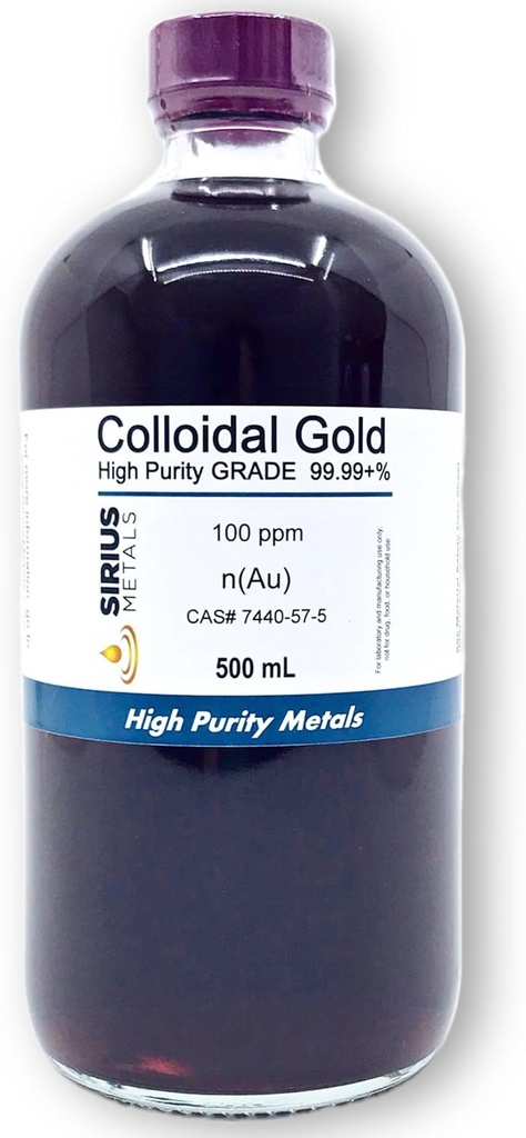 True Colloidal Gold (100 ppm) - 99.99+% Purity - 500 mL (16.9 Fl Oz) en una botella de vidrio transparente