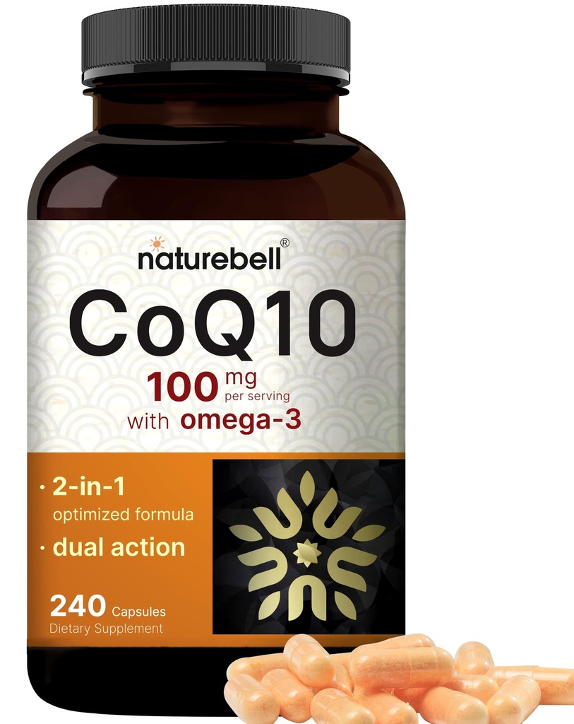 NatureBell CoQ10 100mg con Omega 3, 240 cápsulas ← Stable High Absorption Form – Antioxidant Support for Heart & Energy Health – Extra Strength Coenzyme Q10 Suplemento