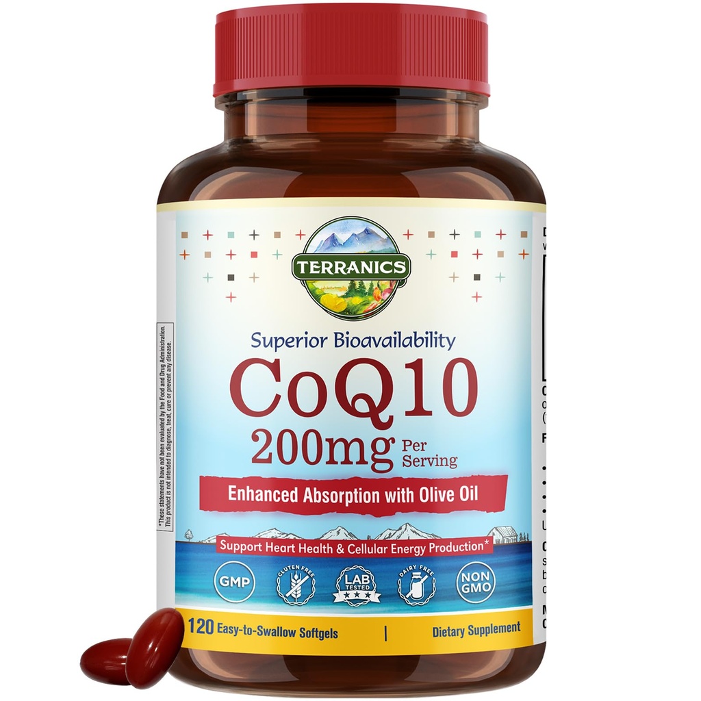 Terranics CoQ10 200mg, Coenzyme Q10 Suplemento con Aceite de Oliva Virgen Extra para la Absorción Mejorada, Made in USA, Supports Heart Health, Antioxidant Protection, Energy Production, Non-GMO, 120 Softgels