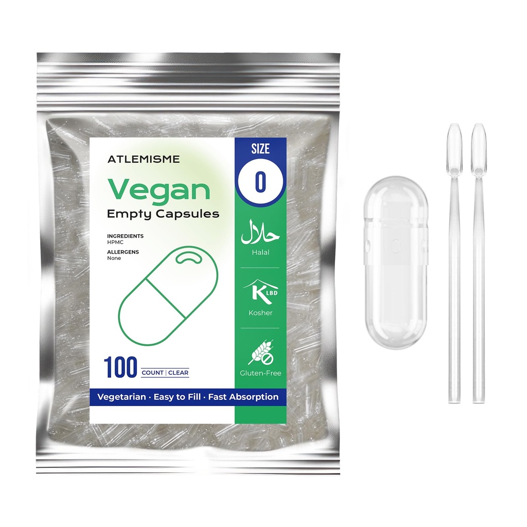 Empty Vegan Capsules Size 0-100 Count Vegetable Capsule - Veggie Empty Caps with 2 Micro Lab Spoons