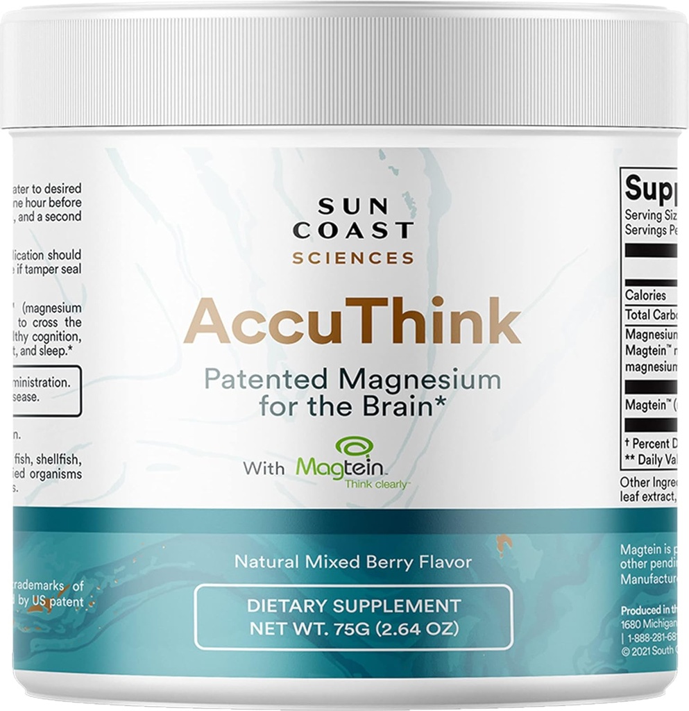 Sun Coast Science Sun Coast Sciences AccuThink - Patented Magnesium Brain - 2.64oz Suplemento de memoria Salud cerebral, sueño, mood Boost - Apoyo cognitivo Suplemento Magnesio Threonate Vitamina C