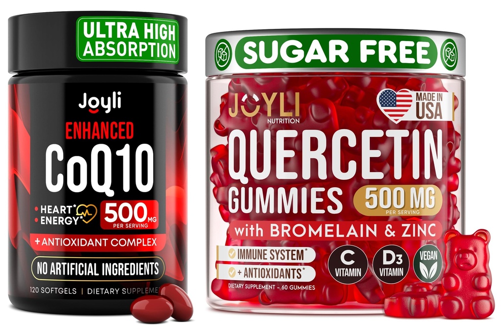 Quercetina con Bromelain &amp; CoQ10 500mg Bundle – 120 Coenzyme Q10 Softgels + 60 Gummies de Quercetina Libre de Azú con Zinc, Vitamina C & D3 – Immune, Heart & Energy Support – EE.UU.
