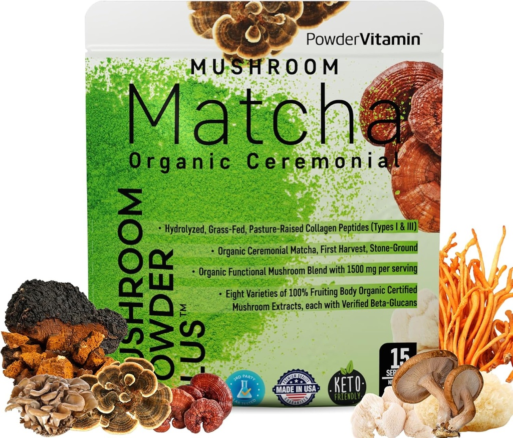 Colágeno sin plaguicida orgánico Matcha Powder Certified Pesticide-Free Grasss-Fed Tipos I & III, 8 hongos corporales afrutados Tested for Beta-Glucans Focus Digestion & Immunity 15 Servings
