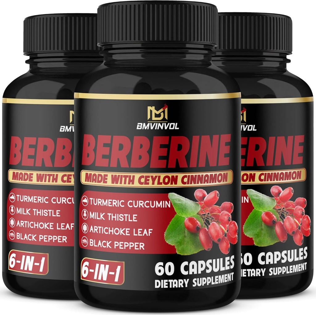(3 paquetes) Beberine Supplement Plus Ceylon Cinnamon, Milk Thistle, Turmeric, Artichoke Leaf, Black Peppe - 6 Month Supply - 180 Capsules Total