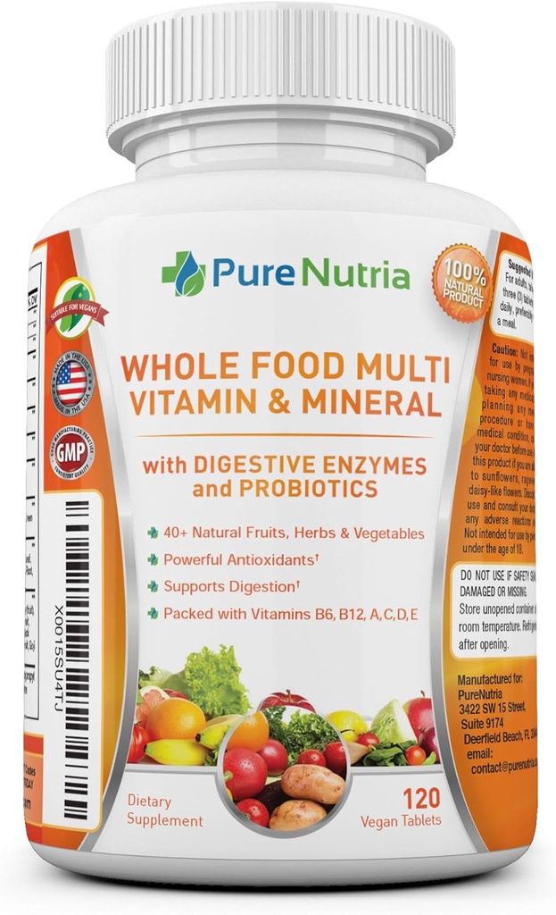 MultiVitamin y Minerales con Enzimas Probióticas - 120 Multivitaminas para Mujeres y Hombres - Empaquetado con Ingredientes WholeFood y Herbal - Potentes Antioxidantes para Apoyo Digestivo