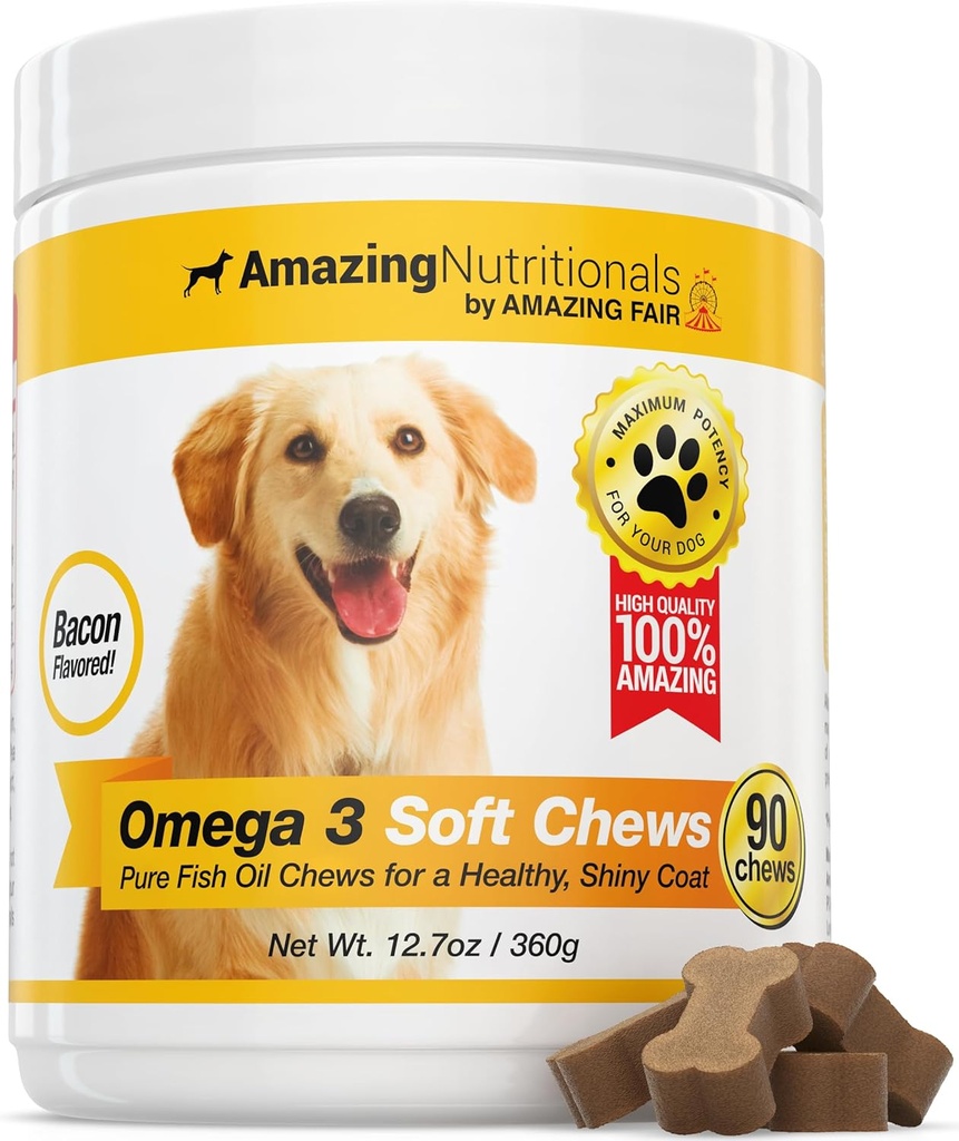 Amazing Omega 3 for Dogs - Omega 3 Fish Oil for Dogs Suplemento para Itchy Skin Relief for Dry Skin and Hot Spots and Shedding Coat with EPA and DHA Fatty Acids - 90 Bacon Soft Chews