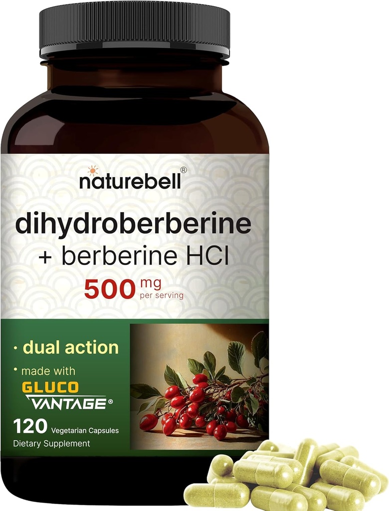 NatureBell Dihydroberine with Berberine HCl 500mg, 120 Veggie Capsules  5X Better Absorbed with GlucoVantage ← Apoya Niveles de azúcar equilibrados & Heart Health ← Vegan, Non-GMO