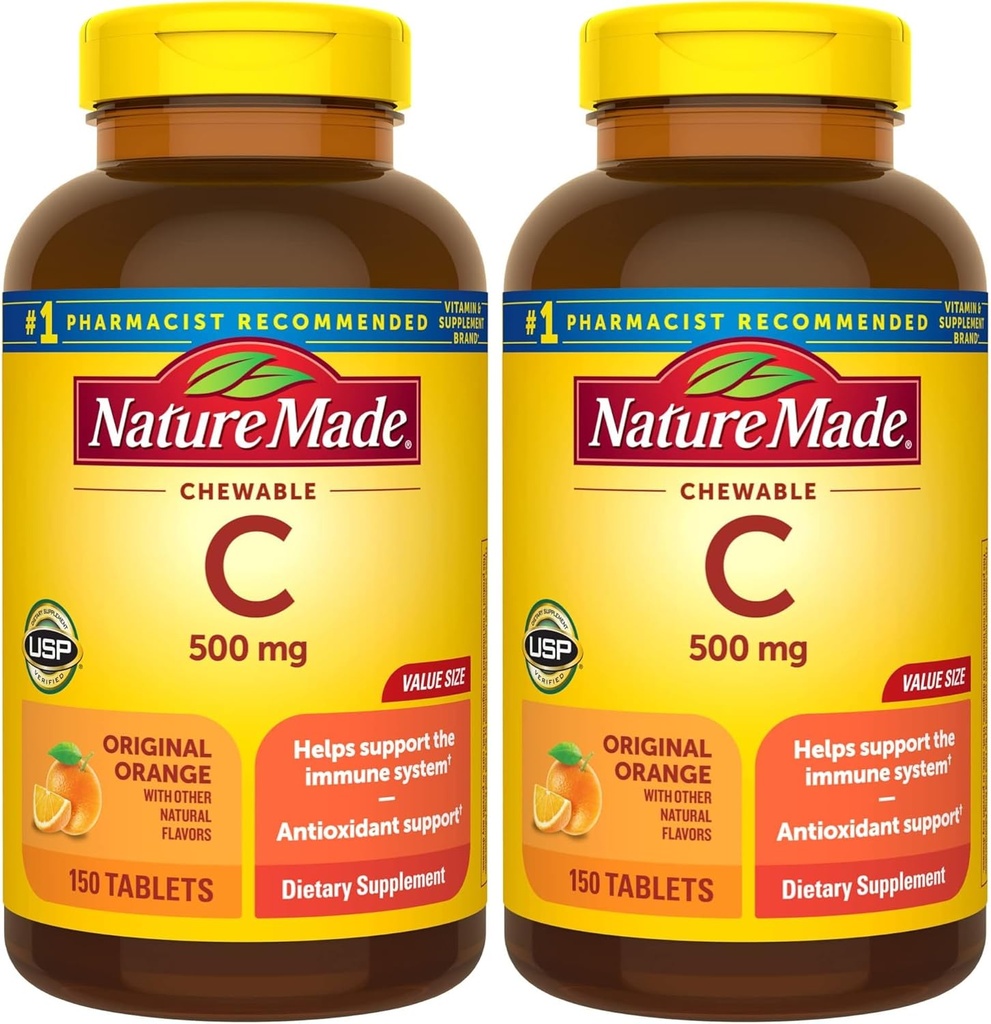 Natural Made Chewable Vitamina C 500 mg, Suplemento dietético para Apoyo Inmunitario, 150 Tabletas, 150 Day Supply (Pack of 2)