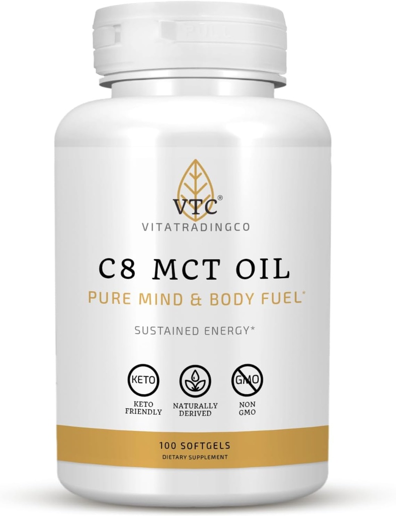 VTC VitaTradingCo. C8 MCT Cápsulas de aceite Silencio Naturalmente Derivado Caprílico C8 Suplemento Silencio Coconut Oil Pills Silenciosos Energéticos Sostenidos Keto Friendly, Non GMO Silencio 100 Softgels