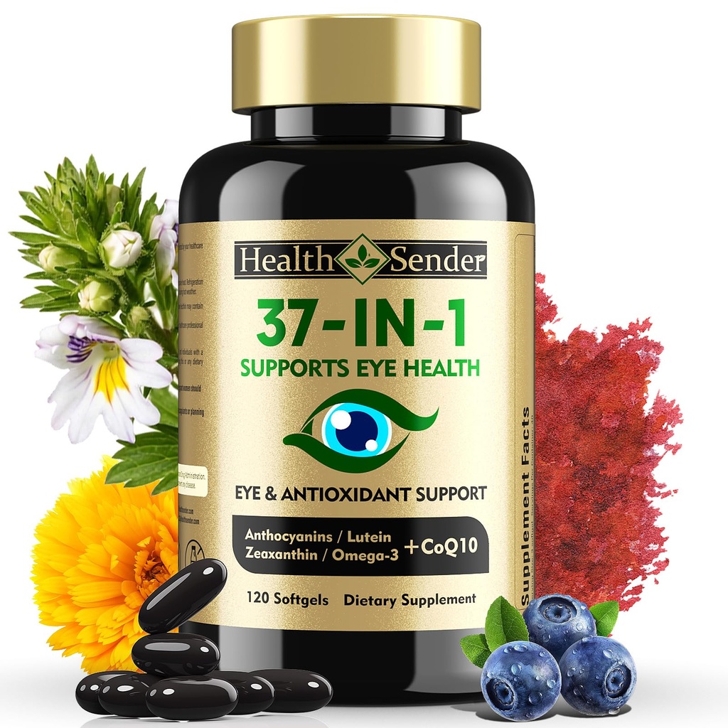 37 en 1 Vitaminas Ojo con Lutein y Zeaxanthin Suplemento - Suplemento Ojo con CoQ10, Omega-3, Minerals Eye Health Support for Adults and Seniors, Daily Vision Suplemento, 120 Black Softgels