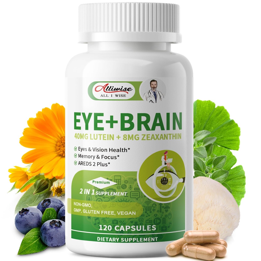 Ojo + Suplementos cerebrales para la memoria y el foco, Lutein 40mg, Zeaxanthin, Astaxanthin, Bilberry, Lion’s Mane, Bacopa Monnieri, Ginkgo Biloba, 14 en 1 Vitaminas Ojo para adultos &amp; mayores 120 cápsulas