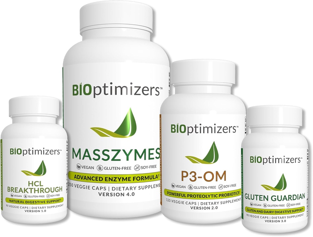BiOptimizers - Esencial Digestivo Enzymes Bundle - P3-OM - Gluten Guardian - MassZymes - HCL Breakthrough - Doctor-Formulated (550 Capsules)