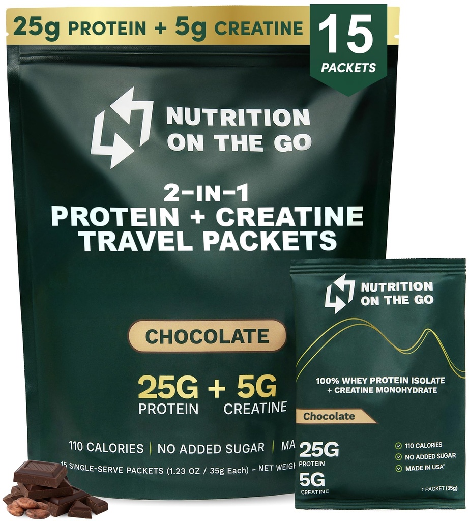 Nutrición en la proteína de Go Whey Packets con crema - 25g Proteína + 5g Creatina - Polvo de proteína de un solo paso - 5.9g BCAAs, Keto " Low-Carb, sin gluten - Chocolate (15-Pack)