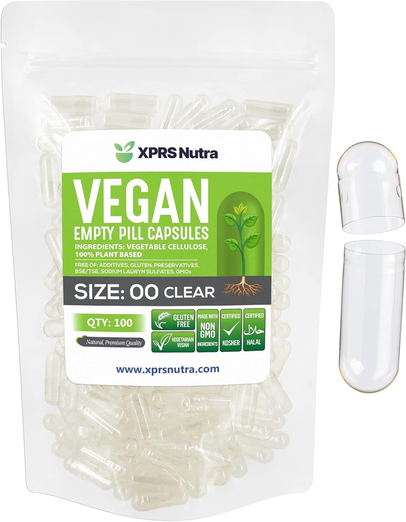 XPRS Nutra Size 00 Empty Capsules - 100 Cuentas Clear Empty Vegan Capsules - Vegetarian Empty Pills - DIY Vegetal Capsule Filling- Veggie Pill Caps