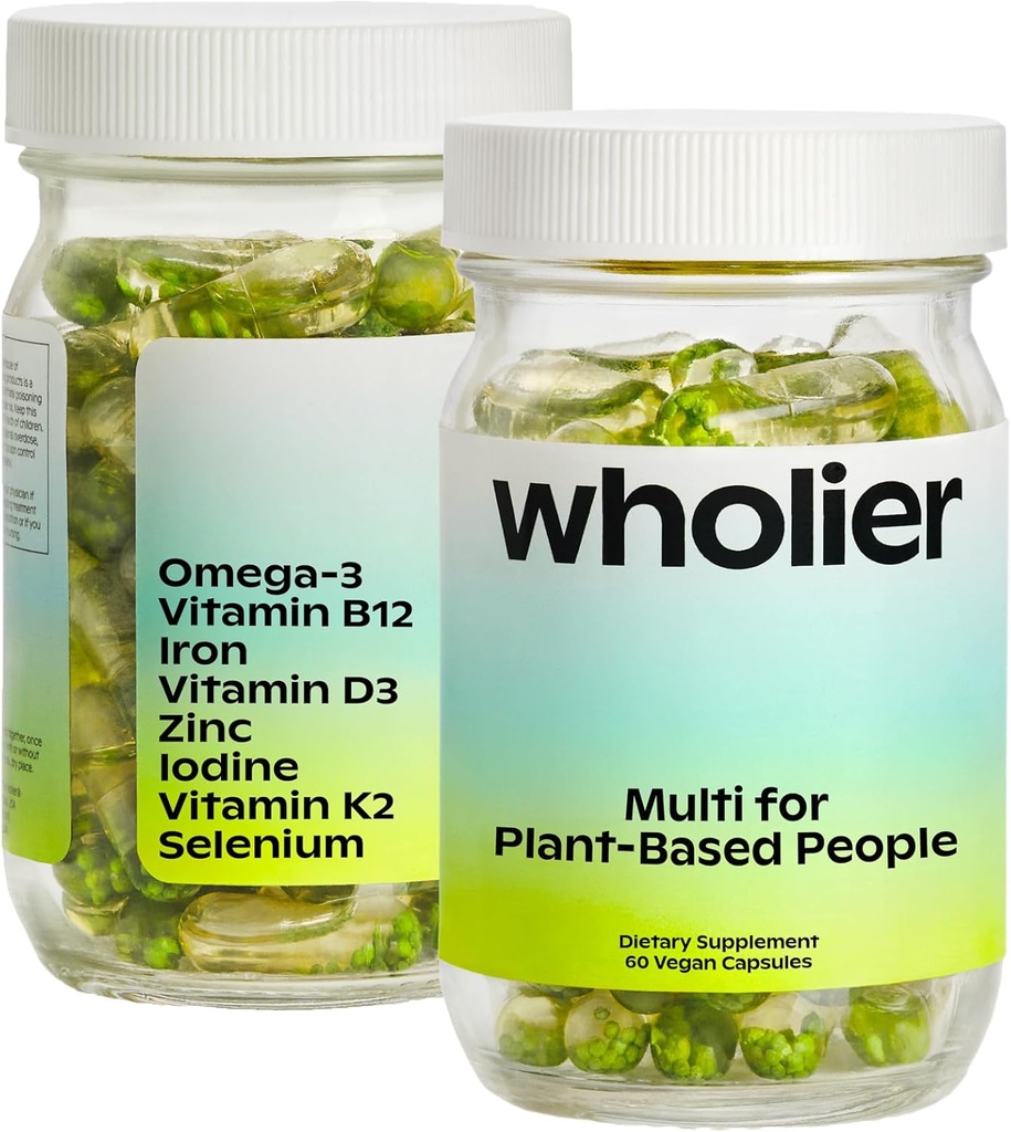 wholier Plant Based Multivitamin Vegan Omega-3 DHA EPA, Vitamina D, B12, Zinc, Vitamin K2, Iron, Iodine, Selenium. 60 Cuenta (30-Day Supply) Botella de vidrio