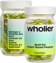 wholier Plant Based Multivitamin Vegan Omega-3 DHA EPA, Vitamina D, B12, Zinc, Vitamin K2, Iron, Iodine, Selenium. 60 Cuenta (30-Day Supply) Botella de vidrio