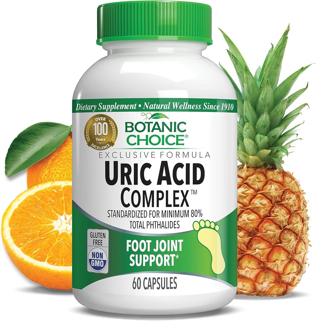 Botanic Choice Uric Acid Complex Supplement - Foot Joint Support-Help Soothe Discomfort with Celery Seed & Bromelain -Gluten Free, Non-GMO, 60 Caps