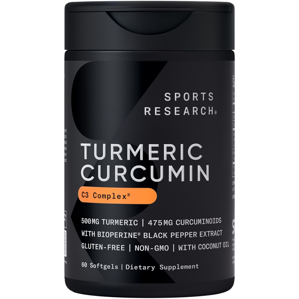 Investigación Deportiva Curcumina Turmérica Complejo C3 500 mg, Aceite de Pepper Negro mejorado y de coco orgánico para una mejor absorción; No GMO y Gluten libre - Curcuminoides de 95% estandarizados (60 Conde Softgels)