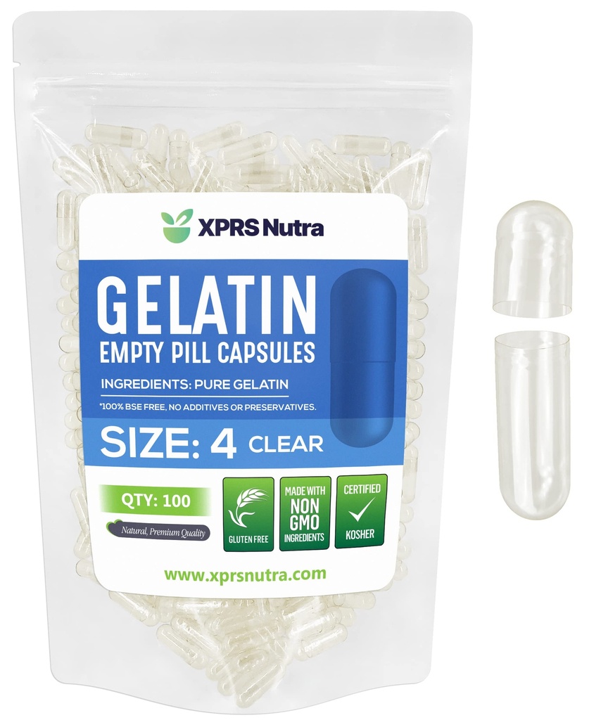 XPRS Nutra Size 4 Empty Capsules - 100 Cuentas Pequeño Empty Gelatin Capsules - Pills DIY Capsule Filling - Fillable Pure Bovine Pill Gel Caps for Do-It-Yourself Suplementos