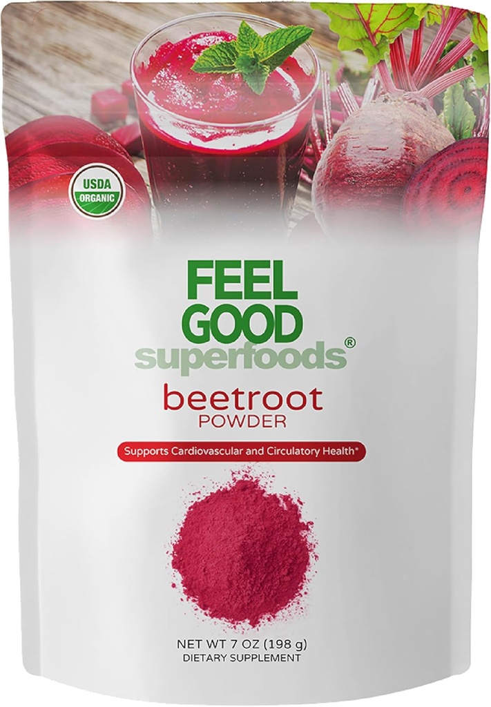 Superfoods Feelgood Fortified Organic Beetroot Powder - Nitric Oxide Booster for Cooking and Smoothies - Pure Beets with 10:1 Beet Root Extract - Supports Cardiovascular and Circulatory Health - 7 oz