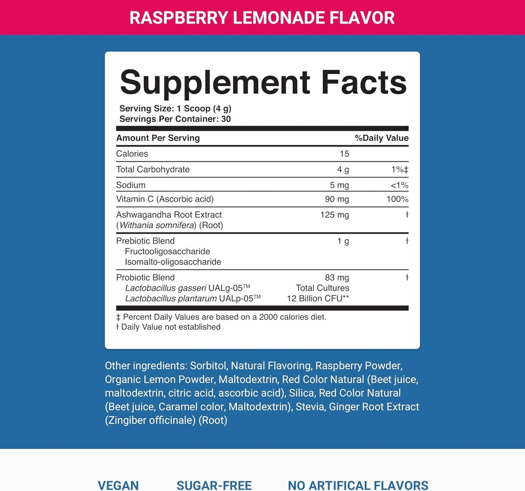 Noche completa por Activado Bebida de Bienestar diario para Gut Health con Ashwagandha - Raspberry Lemonade con Prebióticos, Probióticos, Vitamina C - Soporta Relajación & Digestión, Planta-Basada