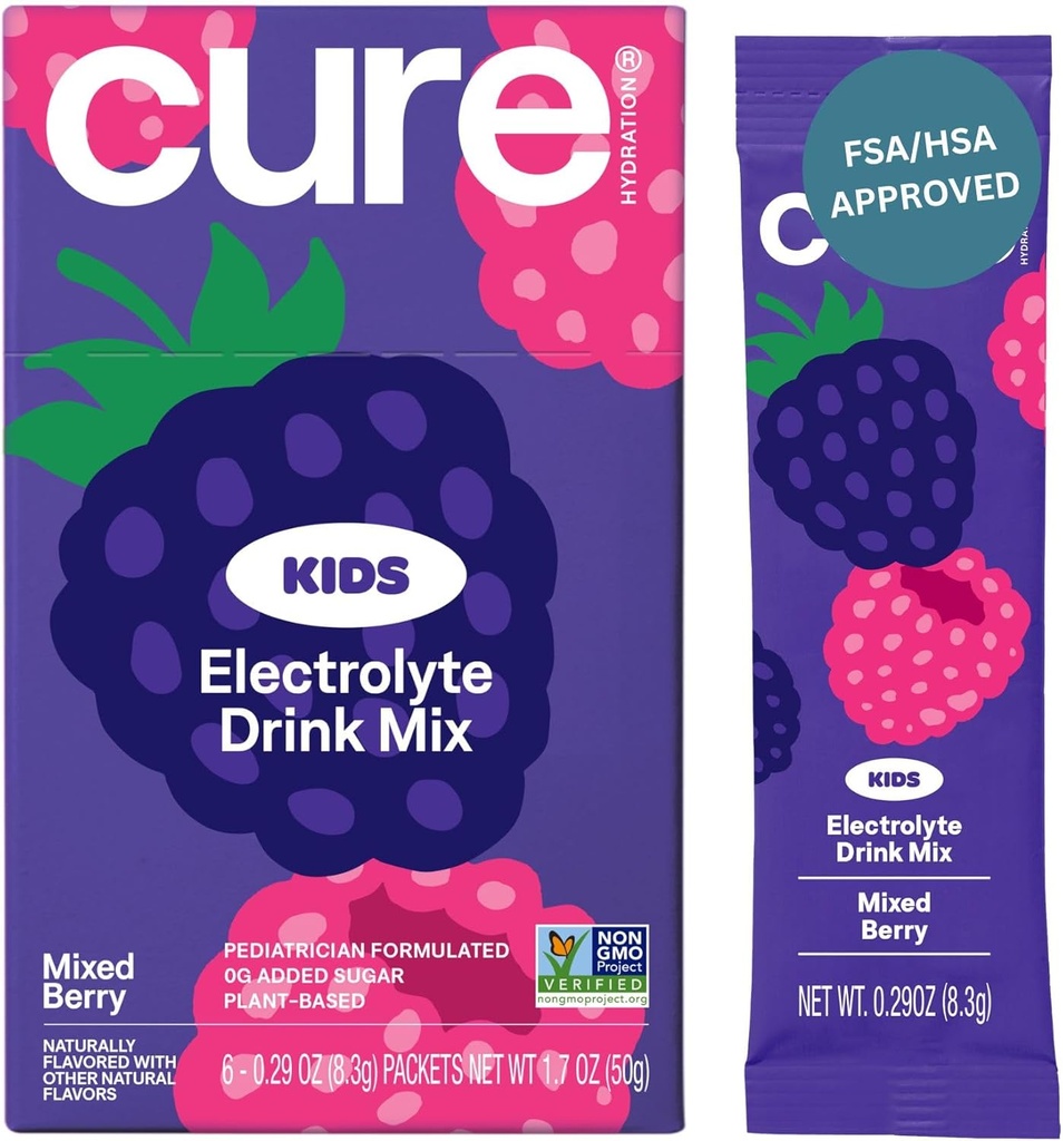 Hidratación Cure - Kids Electrolyte Drink Mix ← Rehydration Formulated Pediatrician con base vegetal  No Añadido Sugar, FSA-HSA, Non-GMO, Gluten-Free, No Artificial Flavors  Box of 6 Packets - Mixed Berry