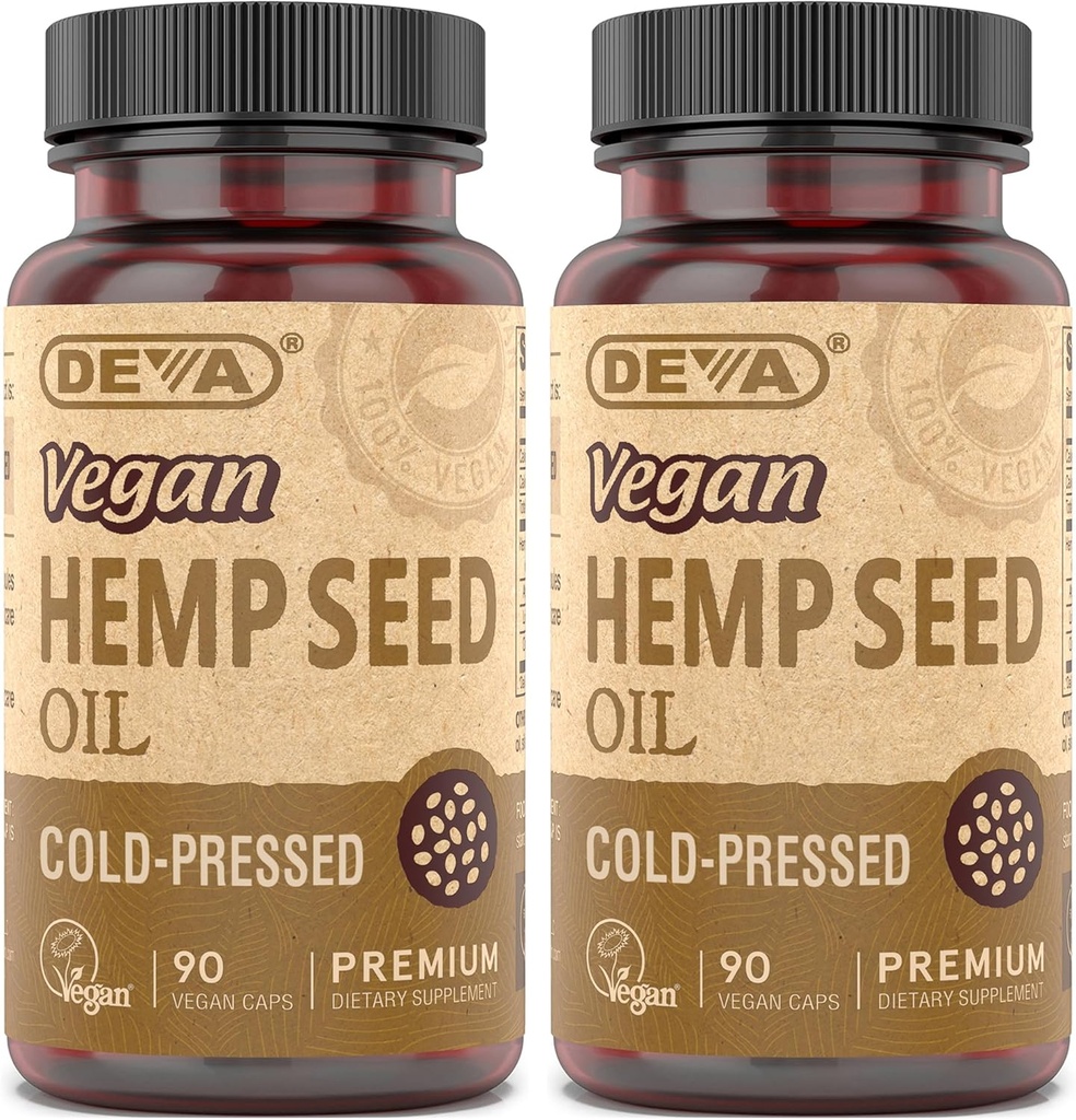 DEVA Vegan Virgen Cápsulas de aceite de semilla de cáñamo 2-Pack – Cold-Presed, Unrefined, 90 Conde Ea