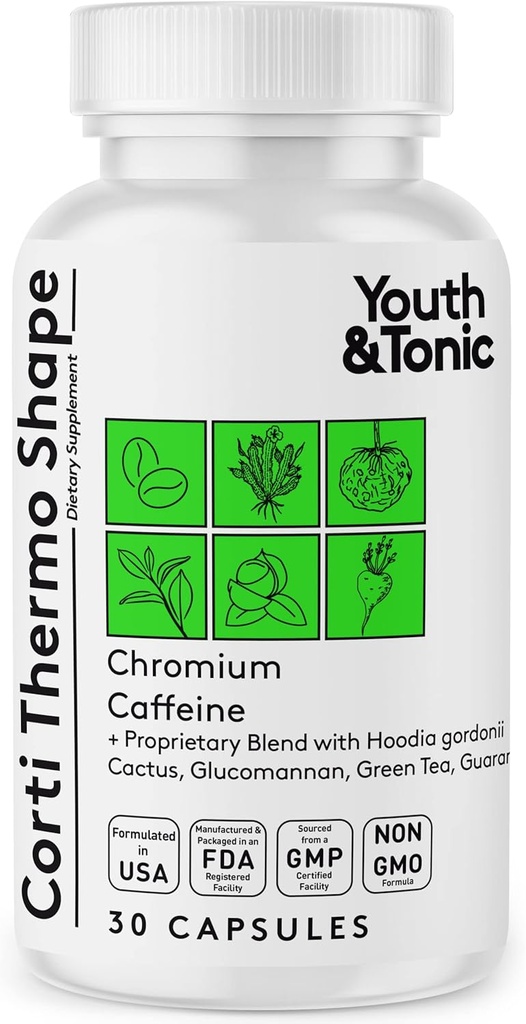 Jóvenes & Tonic Thermogenic Suplemento 30 Capsules as Advanced Diet Support for Energy Metabolism Focus for Hombres and Women with Caffeine Chromium Glucomannan Guarana Hoodia Gordonii
