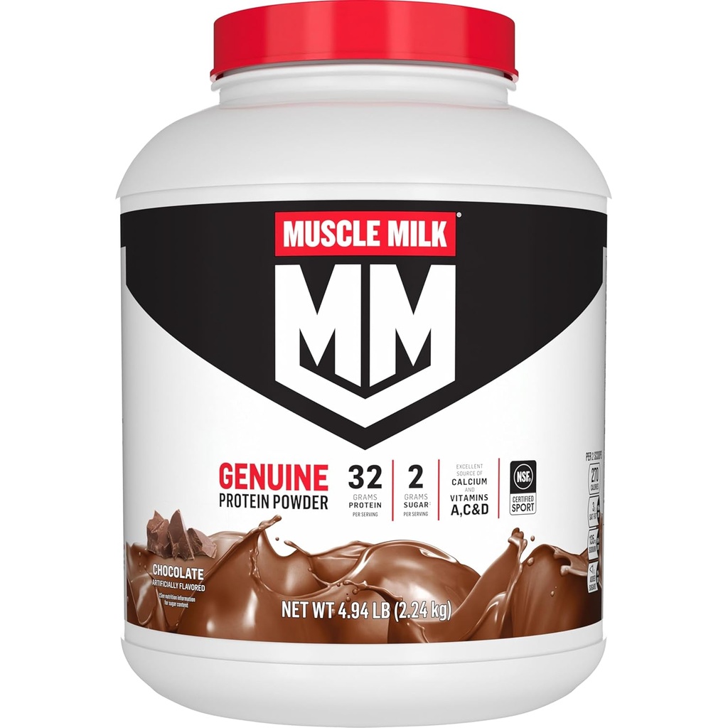 Muscle Milk Genuine Protein Powder, Chocolate, 4.94 Libra, 32 Serviciones, 32g Proteína, 2g Azúcar, Calcio, Vitaminas A, C & D, NSF certificada para Deporte, Energizante Snack, Embalaje Mayo Vary