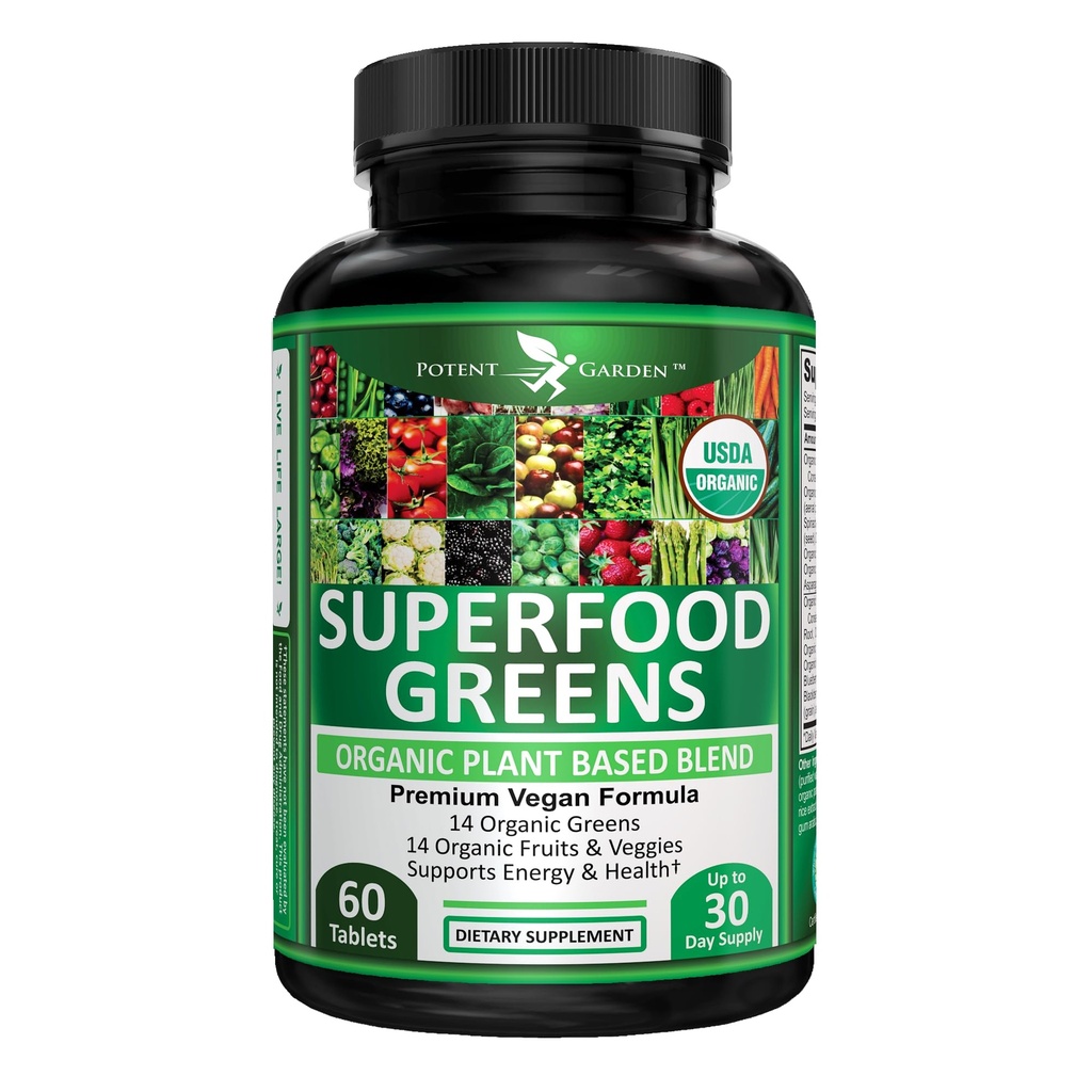 Jardines de Patentes Ecológicos Superalimentos Verdes, Frutas y verduras Suplemento Rico en Vitaminas & Antioxidantes con Alfalfa, Cereza de remolacha " Tart para Boost Energy, Inmunity " Gut Health, Greens Tablets 60 Ct