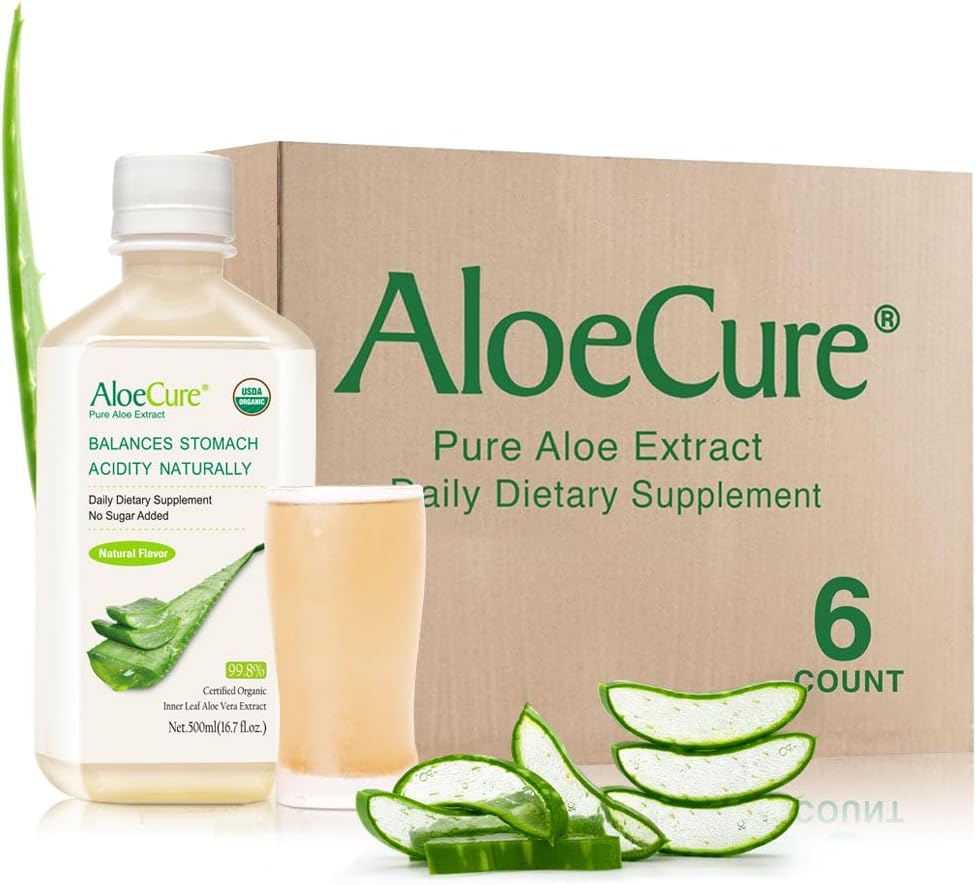 AloeCure USDA Aloe orgánico Vera Juice Made Within 12 Hrs of Harvest - Pure Aloe Juice Natural Digestive Supplement to Support Digestion, Immune System and Balanced Stomach Acidity, 6 x 500ml Bottles