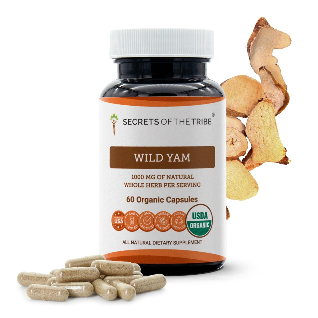 Secrets of the Tribe Wild Yam USDA Organic 60 Capsules  Made with Organic Vegetarian Capsules and Responsibly farmed Wild Yam (Dioscorea Villosa) Dried Root (60 Capsules)