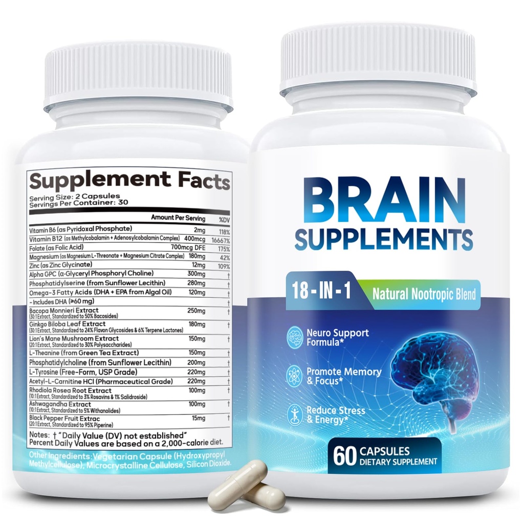 Suplemento cerebral 18-in-1 para memoria y foco – cápsulas nootrópicas con Alpha GPC, Bacopa, Ginkgo Biloba, Lion's Mane, Vitamina B6 &amp; B12