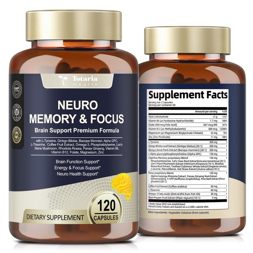 Suplementos cerebrales totarias para memoria y foco, Salud cerebral con L-Tyrosine, Alpha GPC, Ginkgo Biloba, Bacopa Monnieri, Nootropic Cognitive Support - Non-GMO, Gluten Free (120 Condes)
