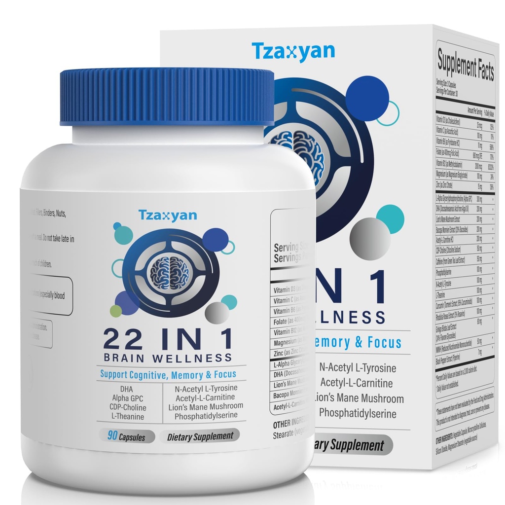 Suplementos cerebrales para la memoria y el foco, Clarity & Cognitive Improvement, 300mg Alpha GPC, CDP-Choline, DHA, Lion’s Mane, L-Theanine, Vitamina B6 B12 & Phosphatidylserine para Hombres &amp; Mujeres, 90 cápsulas