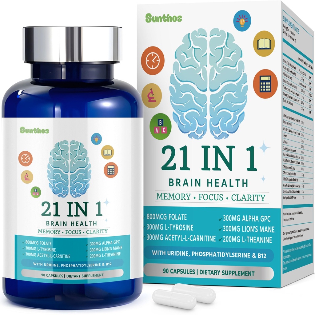 Suplementos cerebrales para memoria y foco, Suplemento cerebral 21-en-1 para alerta mental, Cognitivo con 300 mg alfa-GPC, Mane de león 300 mg, L-teanina, fosfatilserina, vitaminas B6 B12, 90 cápsulas