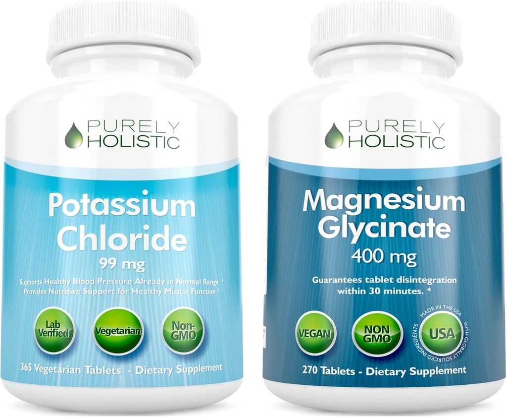 Potasio Chloride 99mg + Magnesio Glycinate 400mg - 365 + 270 Tablets - Vegetarian Bundle - Made in USA
