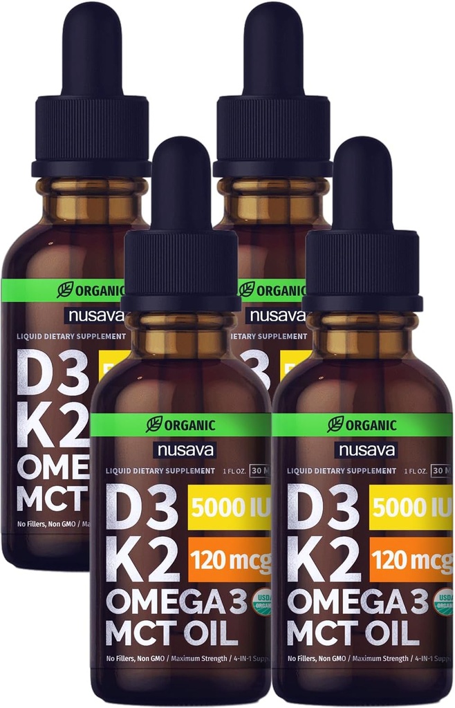 (4 Pack) Vitamina Orgánica D3 K2 gotas con aceite MCT Omega 3, 5000 UI - Maximum Strength Vitamin D Liquid, No Fillers, Líquido no GMO D3 para la absorción más rápida y soporte inmunológico, Desflavorado, 4 Fl Oz