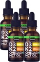 (4 Pack) Vitamina Orgánica D3 K2 gotas con aceite MCT Omega 3, 5000 UI - Maximum Strength Vitamin D Liquid, No Fillers, Líquido no GMO D3 para la absorción más rápida y soporte inmunológico, Desflavorado, 4 Fl Oz