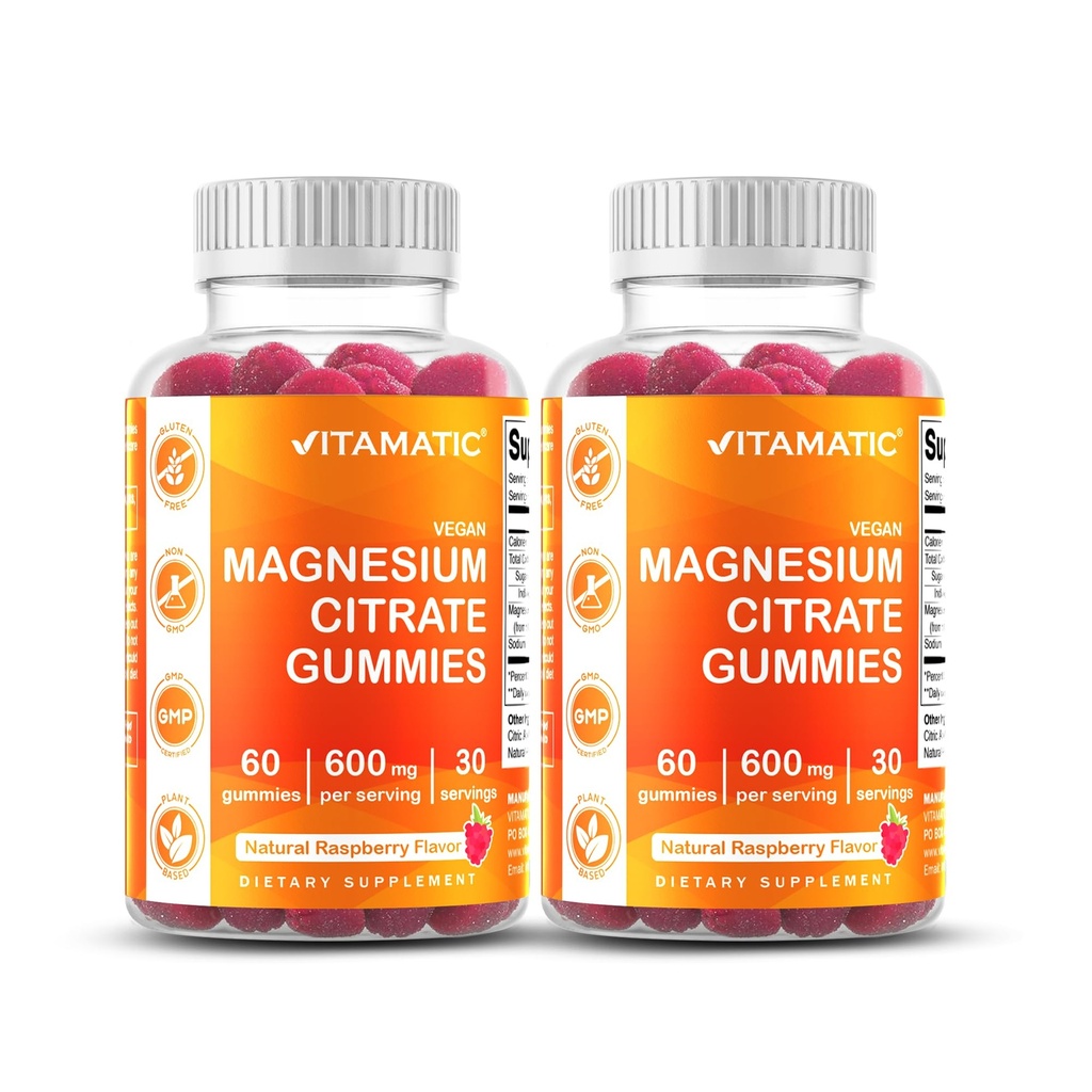 Vitamatic Magnesium Citrate Gummies 600mg por Serving - 60 Cuenta - Promueve Relajación Saludable, Muscle, Bone, & Energy Support (Pack of 2)
