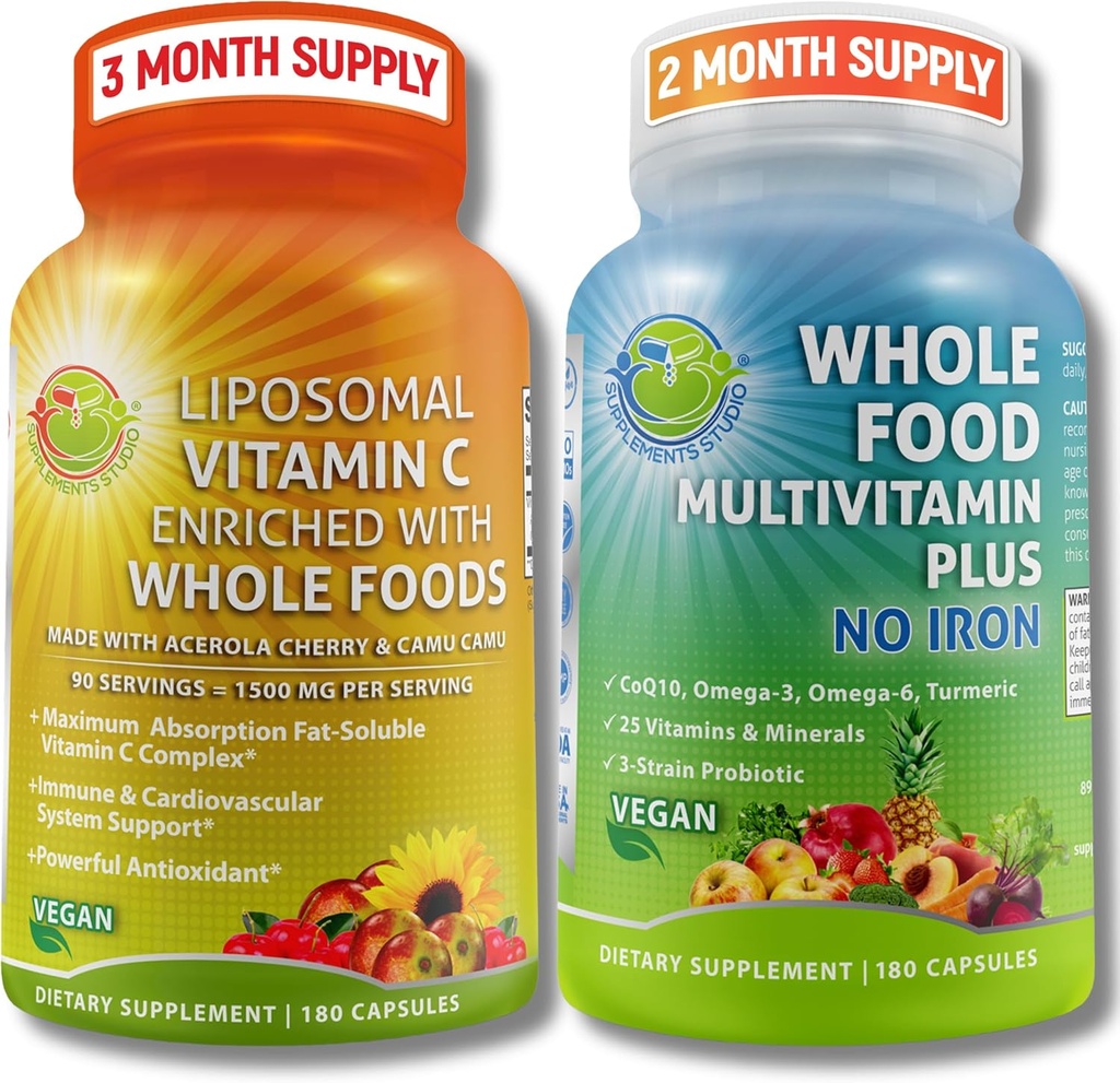 Liposomal Vitamina C 1500mg + Vegan Whole Food Multivitamin Without Iron - Energy & Immune Support Bundle with Organic Acerola Cherry, Camu Camu & Enriched with Whole Foods –Non-GMO, Clean Label