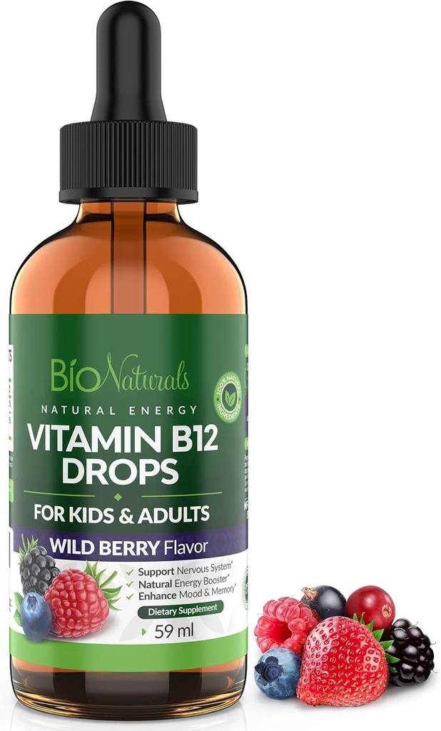 Bio Naturals Vitamina B12 Liquid Drops for Adults & Kids - 100% Natural Sublingual Methylcobalamin - Highest Absorption - Energy & Brain Booster Ayuda con Fatiga & Weakness - Wild Berry - 2 fl oz