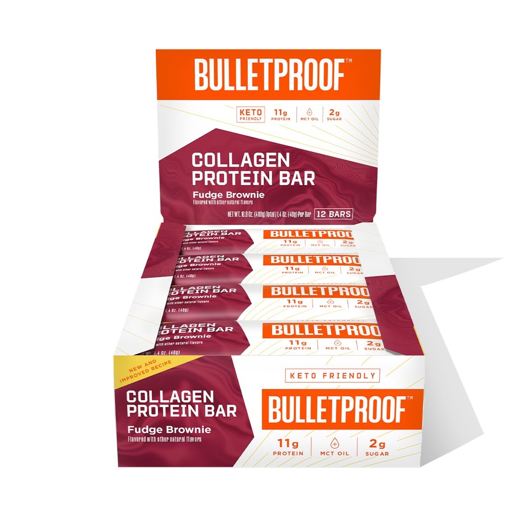 Bulletproof Fudge Brownie Collagen Protein Bares, Pack of 12, Keto-Friendly Snack with MCT Aceite, Colágeno alimentado por hierba, No hay azúcar