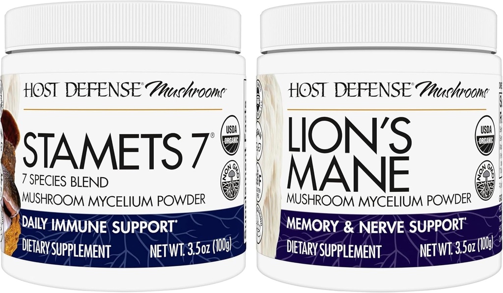 Host Defense Bundle con Stamets 7 Mushroom Powder, 3.5 oz & Lion's Mane Powder, 3.5 oz - Soporte Immune Health con 7 Especies Blend - Asistencia Brain Health, Memory & Focus*