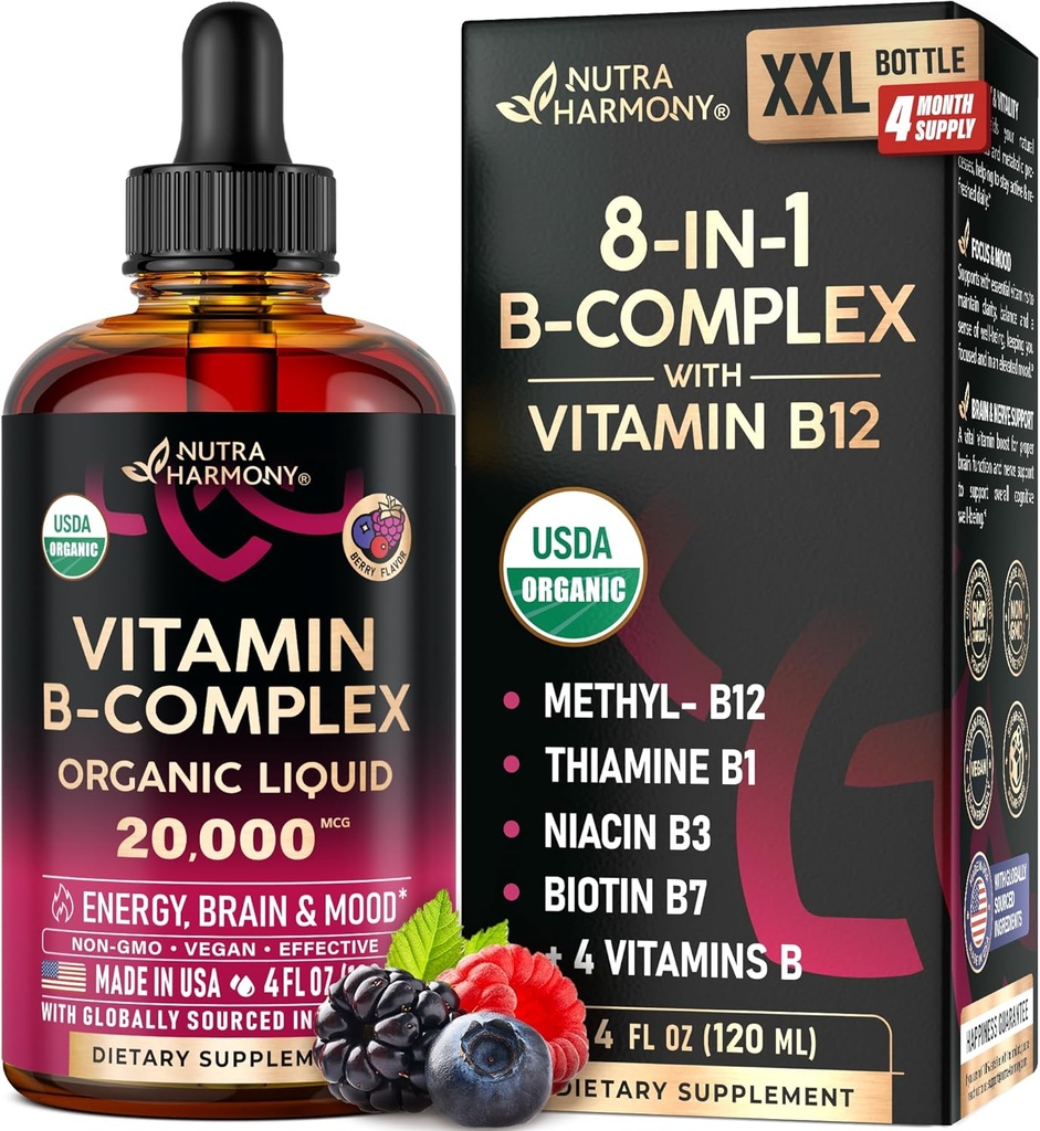 USDA Organic Vitamin B-Complex B5 Pantothenic Acid TEN B12 Methylcobalamin TEN B1 Thiamine TEN B6 Pyridoxine TEN B7 Biotin TEN B9 Folic TEN B3 Niacinamide - B Complex Liquid Drops, Made in USA Supplement, 4fl oz
