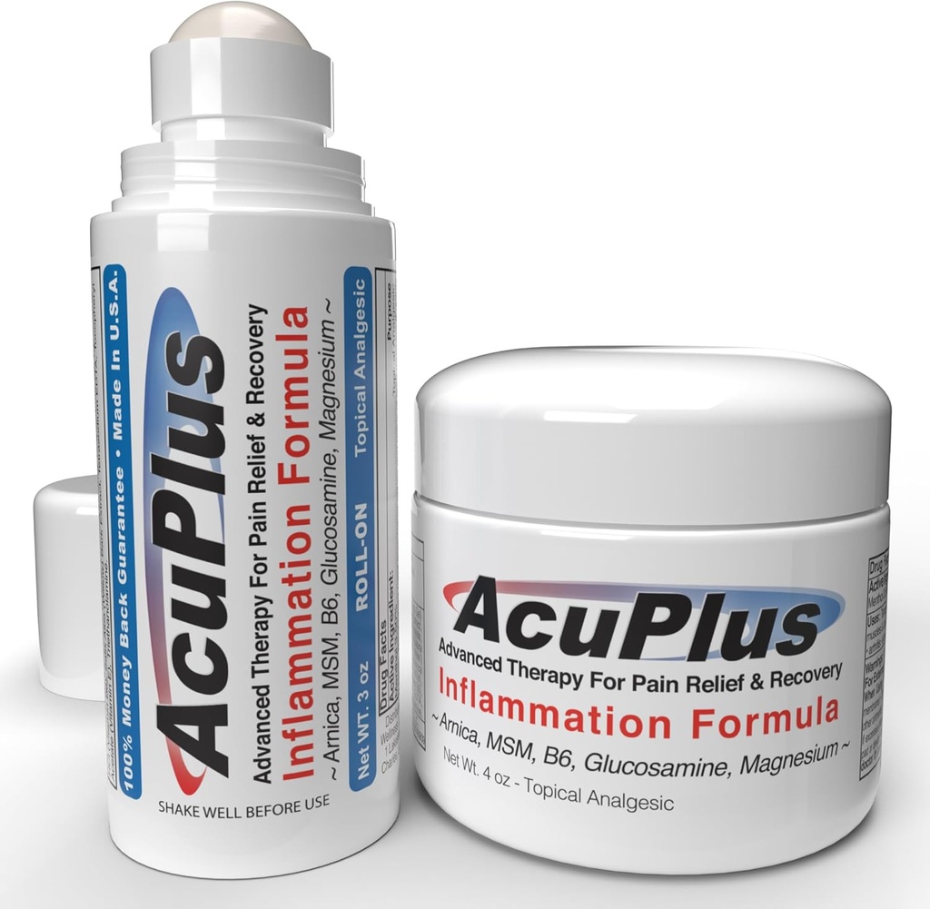 AcuPlus - Alivio de Dolor Tópico Anti Crema Inflamatoria " Roll On Combo - Soothes Muscles " Joints - Crema de Rub Músculo para Artritis, Bursitis, " Tendonitis - 4 oz. Jar " 3 fl. oz. Roll on