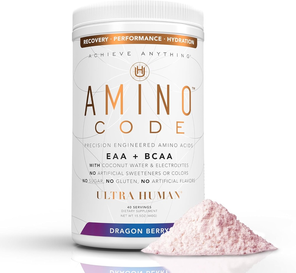 Ultra Human Amino Code ← Aminoácidos Esenciales + BCAAs + Electrolitos de Agua de Cacahuete ← Fast Hydration Workout Recovery Flavored Amino Energy Powder Drink ← Clean Formula, 40 Servings - Dragonberry