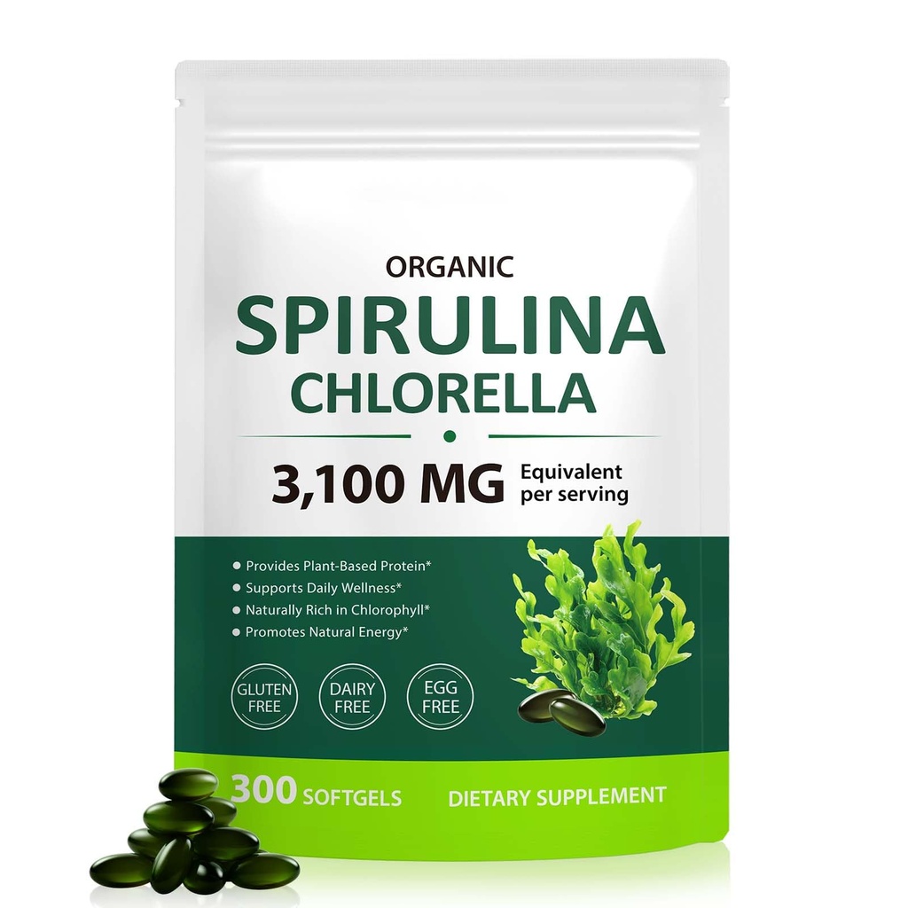 Spirulina Chlorella Capsules,17-en-1 Supergreens Blend Rich in Protein, Chlorophyll, Vitamins, Supports Energy, Immune & Gut Health, Easy Absorption,300 Softgels