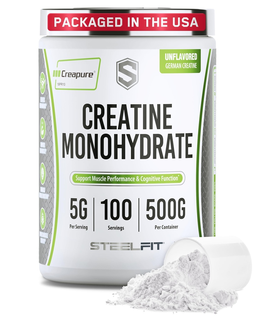 SteelFit Creapure Creatine Monohydrate Powder, Unflavored - Alemán Micronized Creatine Powder para Hombres &amp; Mujeres - Gym Workout Suplementos Nutricionales para la ganancia muscular, Salud cerebral &amp; Strength Building